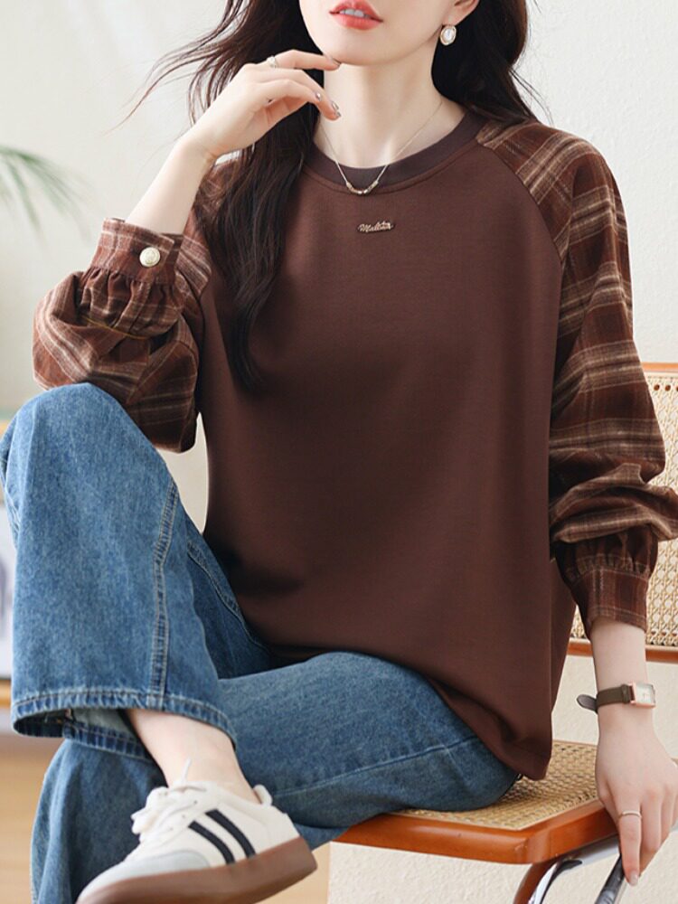 休闲圆领长袖卫衣女春秋新款覆古设计感格纹拼接撞色打底外穿上衣