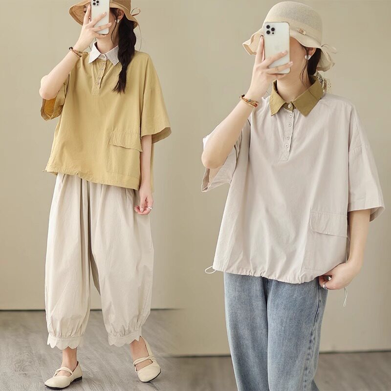 休闲翻领短袖衬衫女夏季新款时尚撞色拼接百搭女士POLO领衬衣上衣