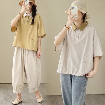 休闲翻领短袖衬衫女夏季新款时尚撞色拼接百搭女士POLO领衬衣上衣