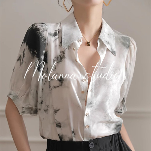 Molanna水墨印花短袖衬衫女春夏装新款复古气质泡泡袖翻领衬衣薄