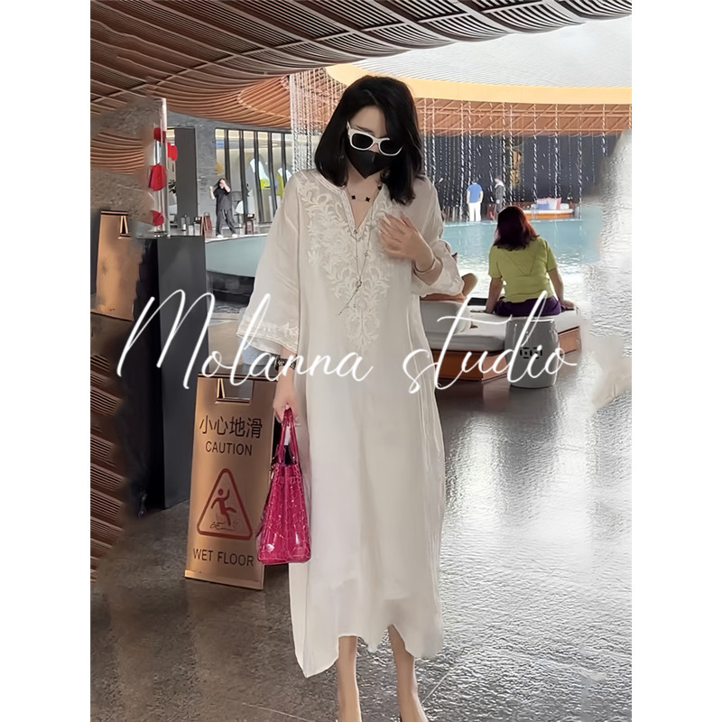 Molanna棉麻洋装女夏季新款休闲 洋派女士白色中长吊带裙两件套