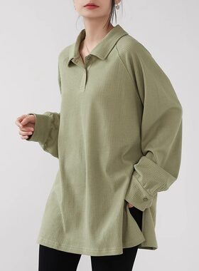 华夫格翻领长袖T恤女春秋装新款休闲宽松中长款POLO领打底衫上衣