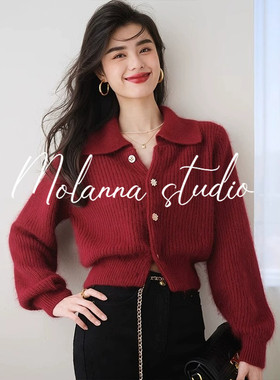 Molanna新年红色翻领毛衣外套女秋冬装新款女士短款针织开衫上衣
