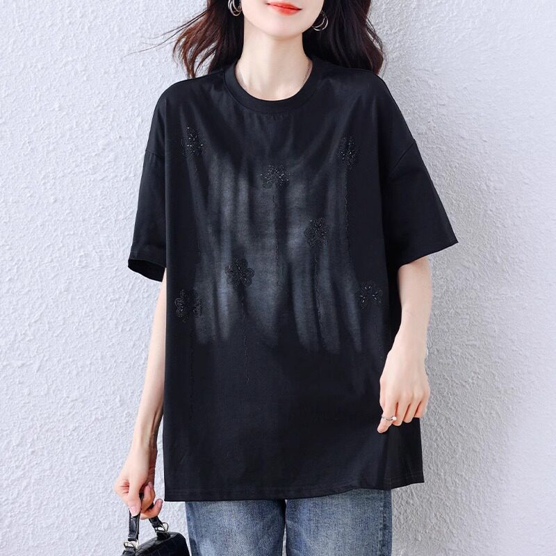 时尚圆领短袖T恤女夏季新款设计感独特别致烫钻女士半袖小衫上衣