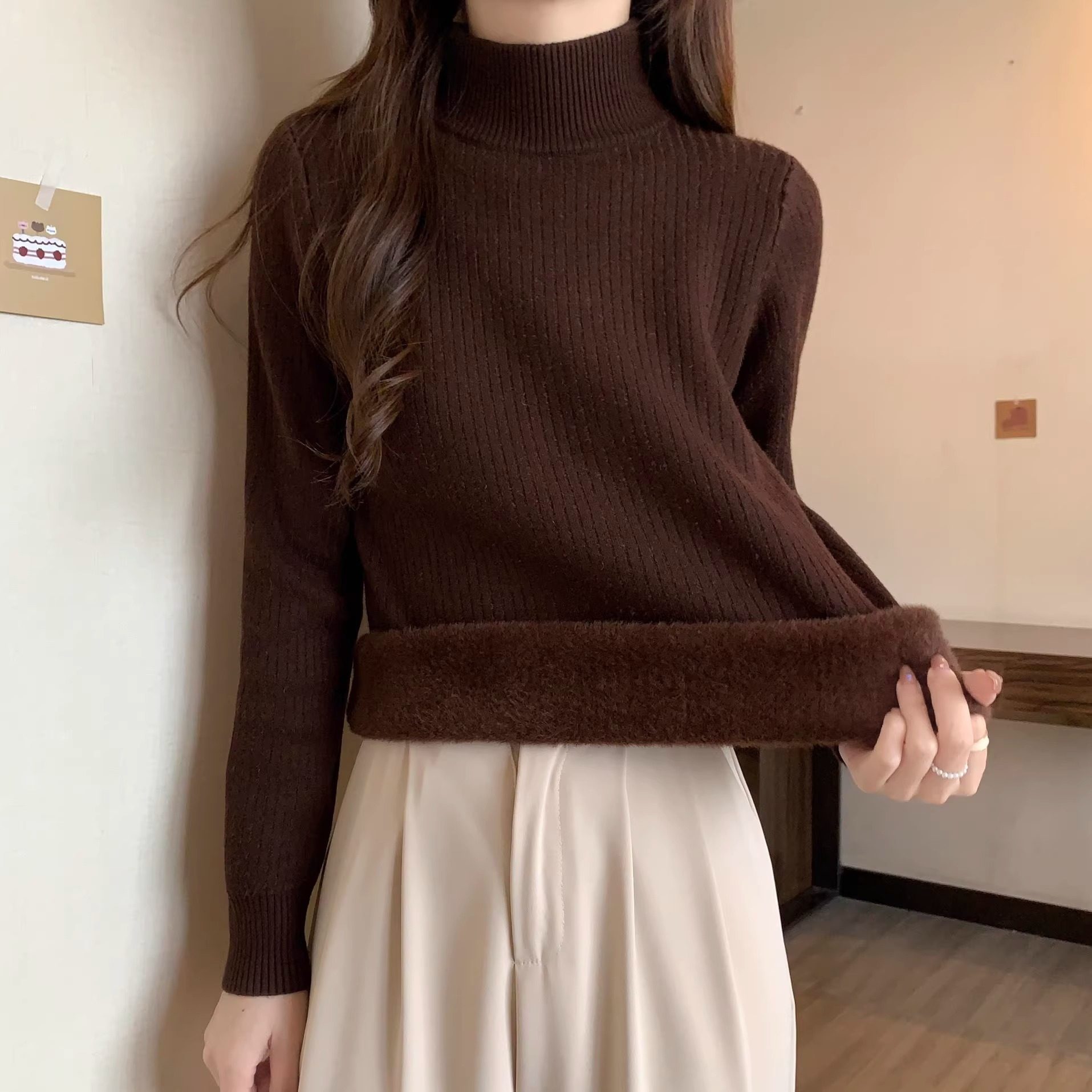 半高领长袖毛衣女秋冬装新款加绒加厚保暖内搭外穿针织打底衫上衣