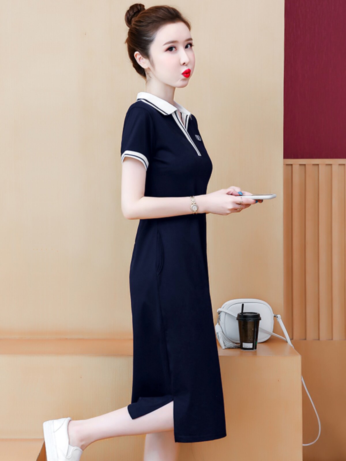 翻领短袖连衣裙女夏新款宽松大码显瘦休闲中长款过膝POLO领T恤裙