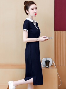 翻领短袖连衣裙女夏新款宽松大码显瘦休闲中长款过膝POLO领T恤裙