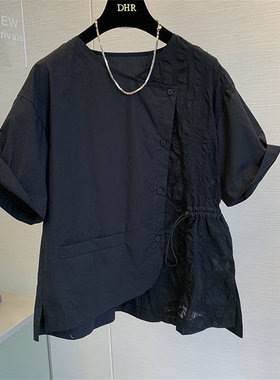 短袖衬衫女夏季新款胖妹妹设计感小众独特别致休闲 女士衬衫上衣