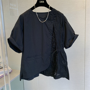 短袖衬衫女夏季新款胖妹妹设计感小众独特别致休闲 女士衬衫上衣