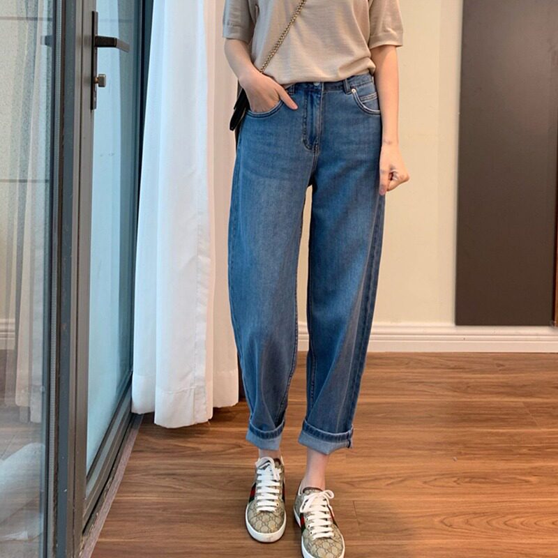 九分牛仔裤女2026春夏新款宽松大码显瘦高腰弹力直筒老爹哈伦裤子