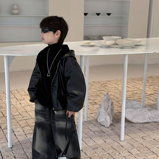 新品 2025冬季 儿童加绒加厚皮衣男童连帽保暖皮棉衣潮 痞帅潮童