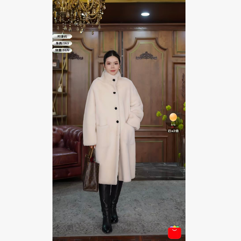 《邢康莉甄选》长款立领纽扣款皮毛一体皮草外套 40966