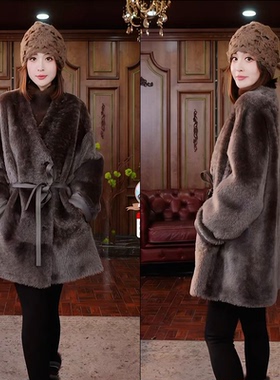 【辰大嗓严选】 中长款V领系带款皮毛一体外套 52283