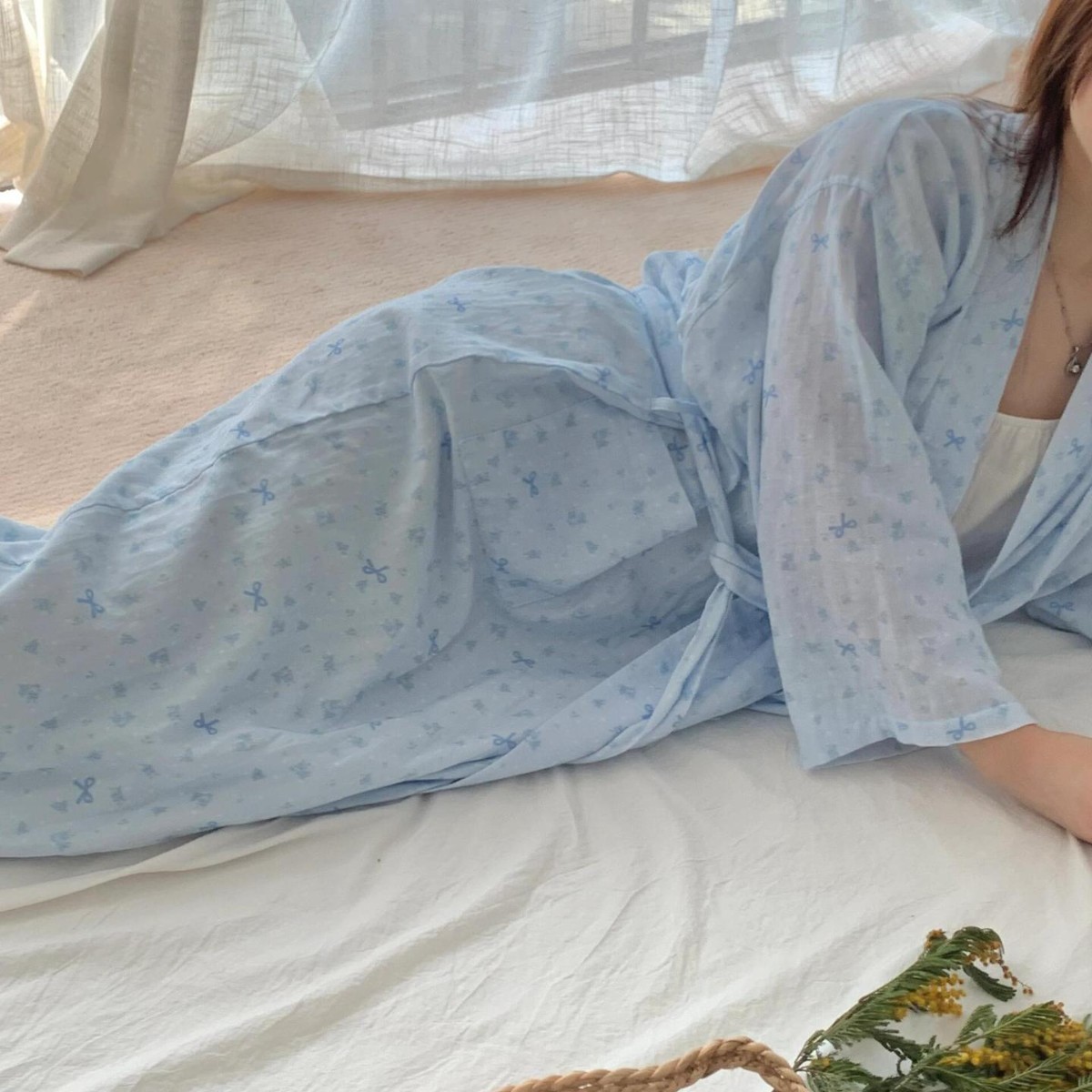 ins韩版蝴蝶结睡袍女春秋