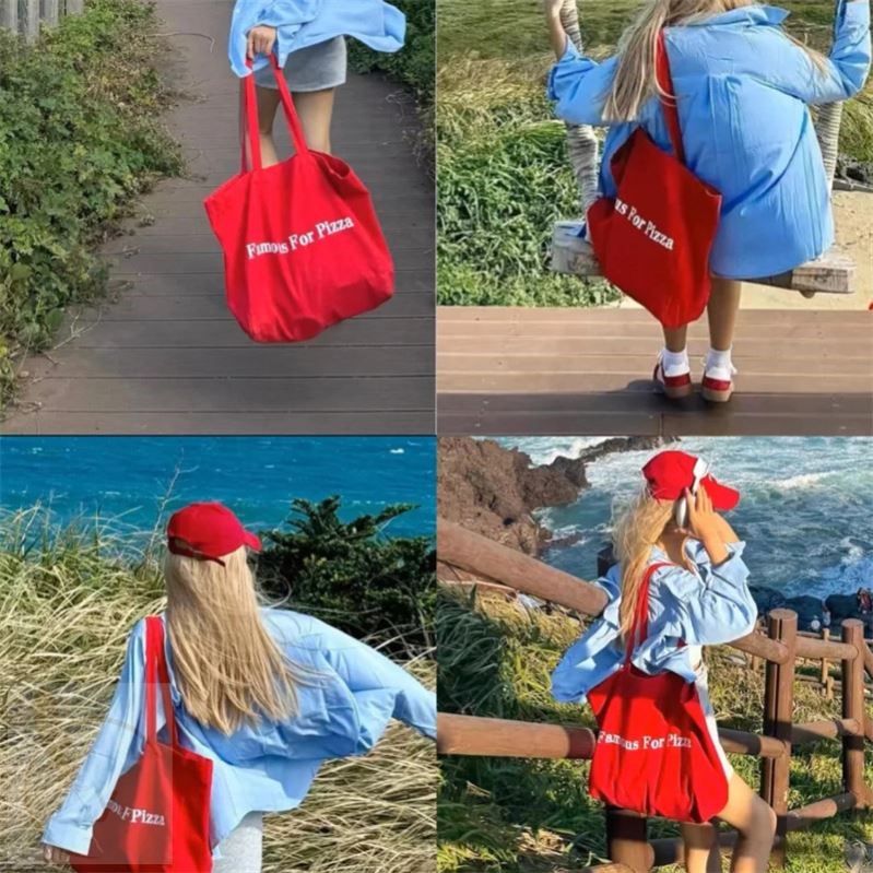 韩系ins红色大容量帆布包女字母简约百搭慵懒风休闲单肩购物布袋