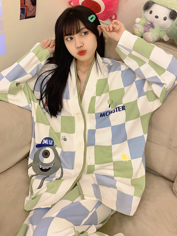 新款可爱卡通趣味搞怪大眼仔睡衣女士家居服纯棉长袖秋冬款可外穿