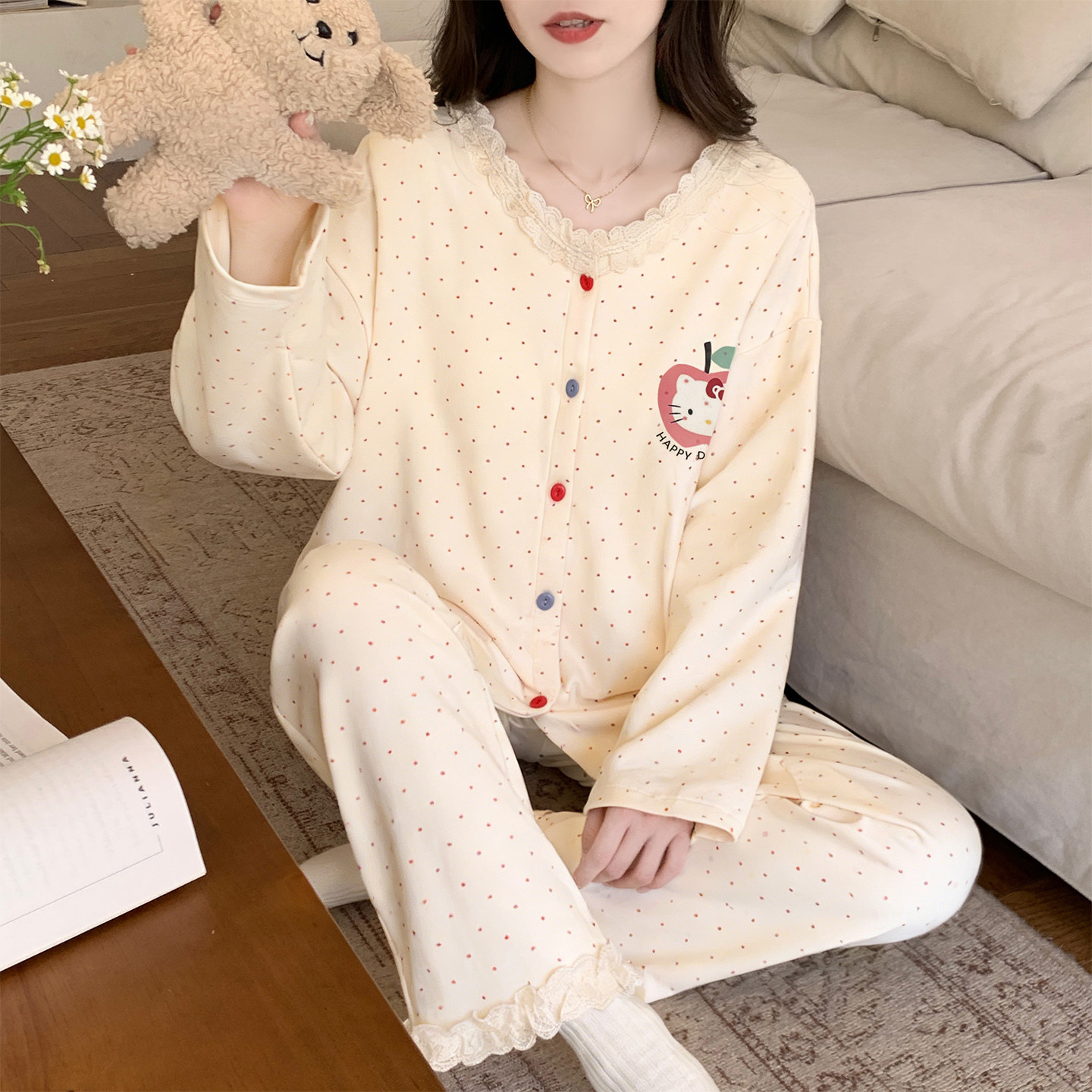 2026新款春秋季天女士长袖睡衣可爱蕾丝波点套装大尺码家居服可外