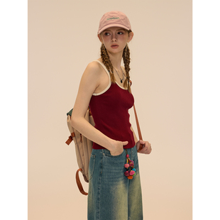 酒红撞色吊带背心女2024初秋修身 step 内搭打底上衣 sugar RUGM