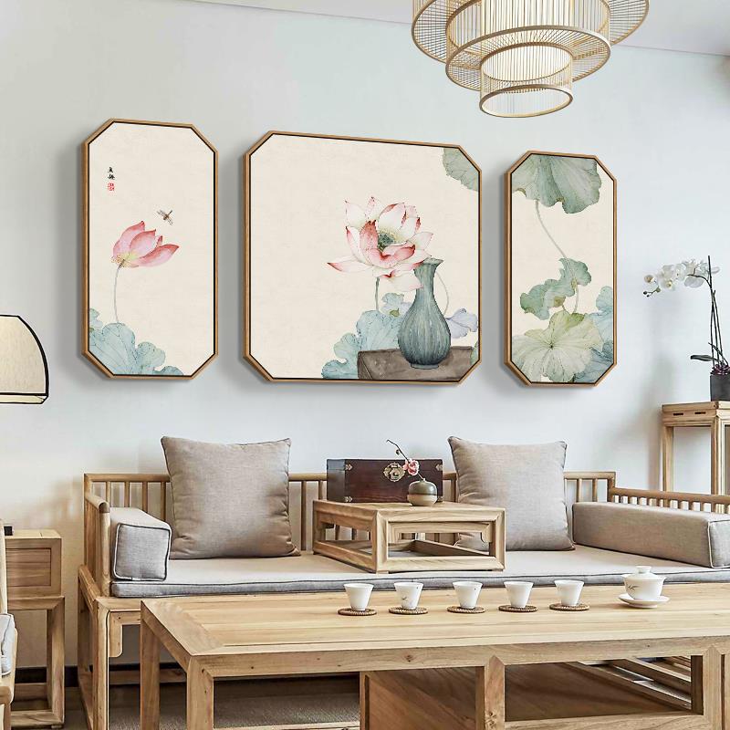 荷花新中式客厅装饰画三联组合沙发背景墙挂画现代简约中国风茶室