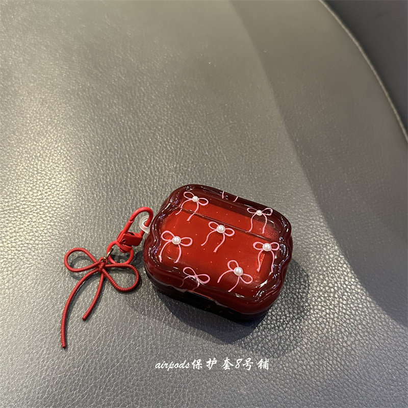 日韩ins酒红色珍珠蝴蝶结适用于苹果airpods pro1代2代3代耳机壳保护套4代,3C数码配件,耳机保护套,淘宝优惠券,粉丝福利购,淘宝优惠卷
