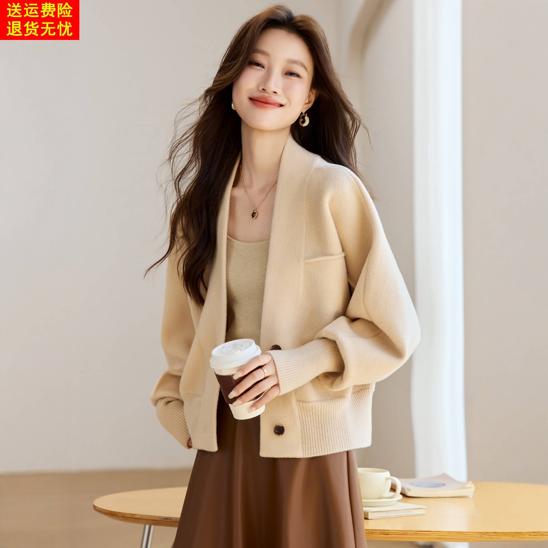 秋冬季休闲毛呢外套2025新款高级感蝙蝠袖开衫女收腰显瘦短款上衣