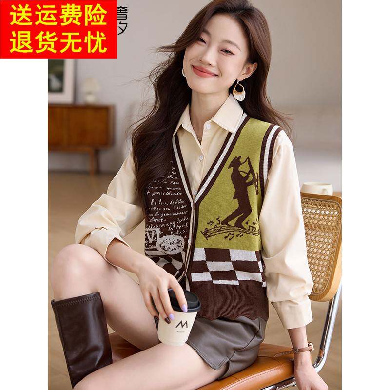 复古提花羊毛针织马甲女2025新款春秋季无袖外搭开衫短款叠穿上衣