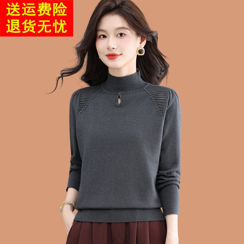 半高领羊毛打底衫钉珠毛衣女秋冬2026新款洋气外穿短款配裙子毛衣