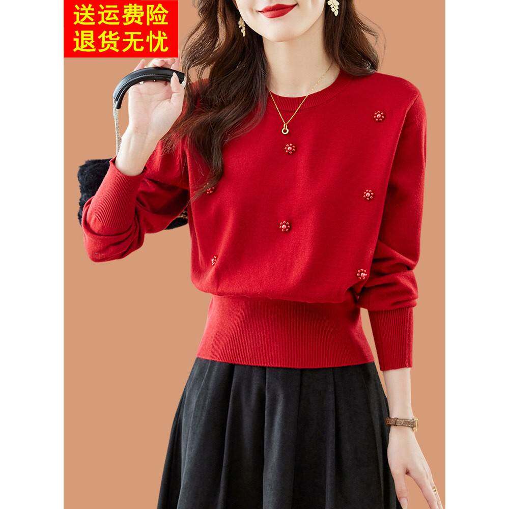 小个子短款高腰配半身裙红色毛衣女春秋装2025新款羊毛打底衫上衣
