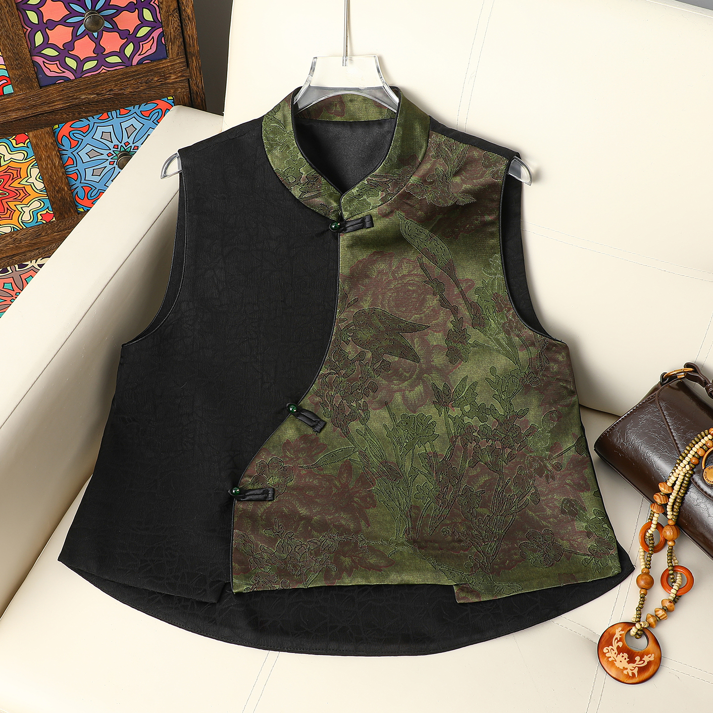 新中式国风提花马甲女春秋复古撞色立领气质宽松马夹无袖外套上衣