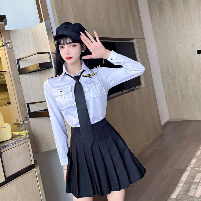 空姐jk制服女秋季夜店酒吧工作服海军风职业装长袖领带衬衣套装