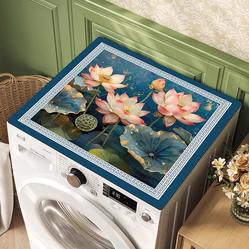 中式荷花滚筒洗衣机盖垫防水防晒台面保护垫家用冰箱顶部防尘盖布
