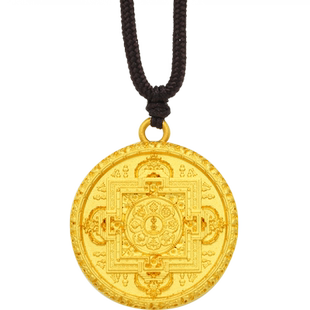 足金999黄金定制藏式唐卡坛城吉祥八宝金刚杵圆形双鹿法轮吊坠
