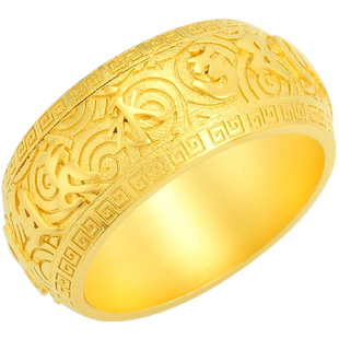 古法黄金个性定制六字真言旋转戒指霸气实心宽版大明咒男戒可转动