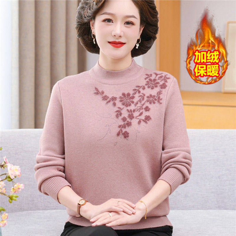 妈妈装一体绒毛衣秋冬针织打底衫中老年加绒加厚宽松内搭保暖上衣