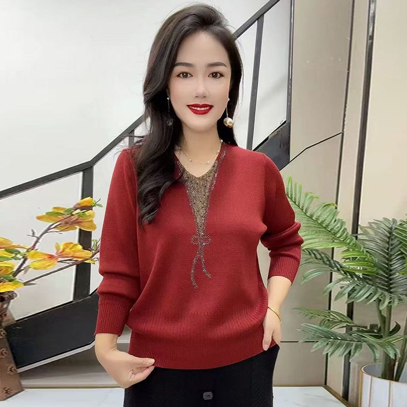 v领高档新款打底衫中老年女装遮肚上衣羊毛衫妈妈毛衣烫钻针织衫