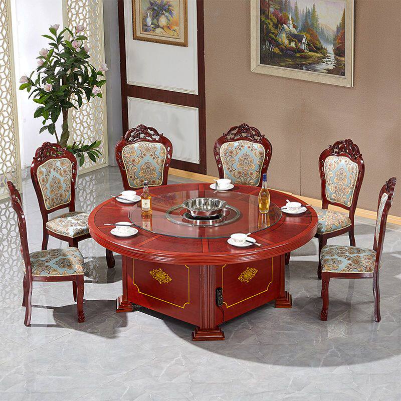 新酒店大圆桌火锅桌钢化玻璃转盘10人电磁炉饭店家用吃饭餐桌椅组