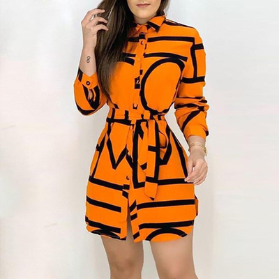 Long Yellow Long Sleeve Shirt Dress Fashion Waist Lace Dress