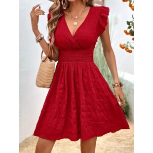 V领百褶纯色连衣裙女 Women's V-neck pleated solid color dress