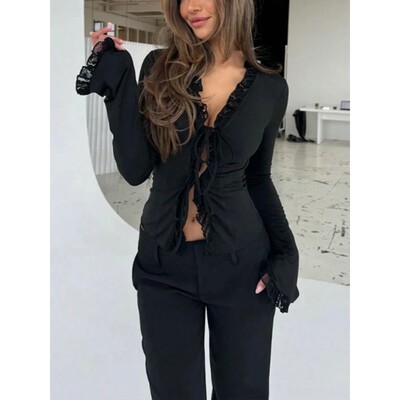 女士V领喇叭长袖免烫透气衬衫