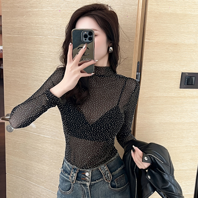 亮片网纱长袖修身上衣