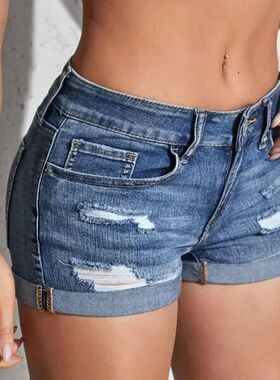 纯色破洞牛仔短裤女 Solid color ripped denim shorts for women