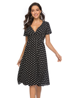 polka dot slim fashion swing dress v领波点修身时尚大摆连衣裙