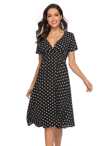 polka dot slim fashion swing dress v领波点修身时尚大摆连衣裙