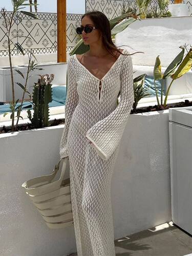 Solid color hollow out top beach skirt女士纯色镂空罩衫沙滩裙