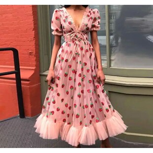 neck printed dress 女士V领网纱印花绑带连衣裙 strap Women