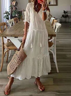 Floral Maxi Cotton Dress Women 2022 Summer休闲甜美V领连衣裙