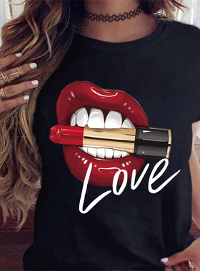 Female Soft T Shirt Lips Watercolor Graphic T Shirt休闲百搭