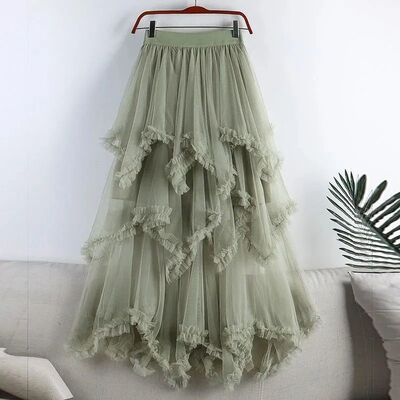Splicing irregular mesh half length skirt 不规则网纱半身长裙