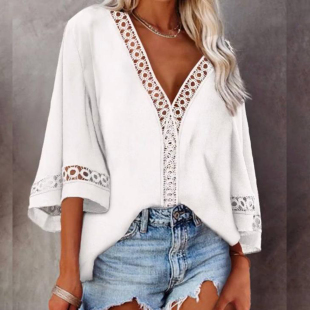 V-Neck Hollow out Loose Lace Long Sleeve Shirt  蕾丝长袖衬衫