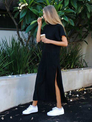 Elegant Vintage Casual Cotton Black Long Dresses Sundres长裙
